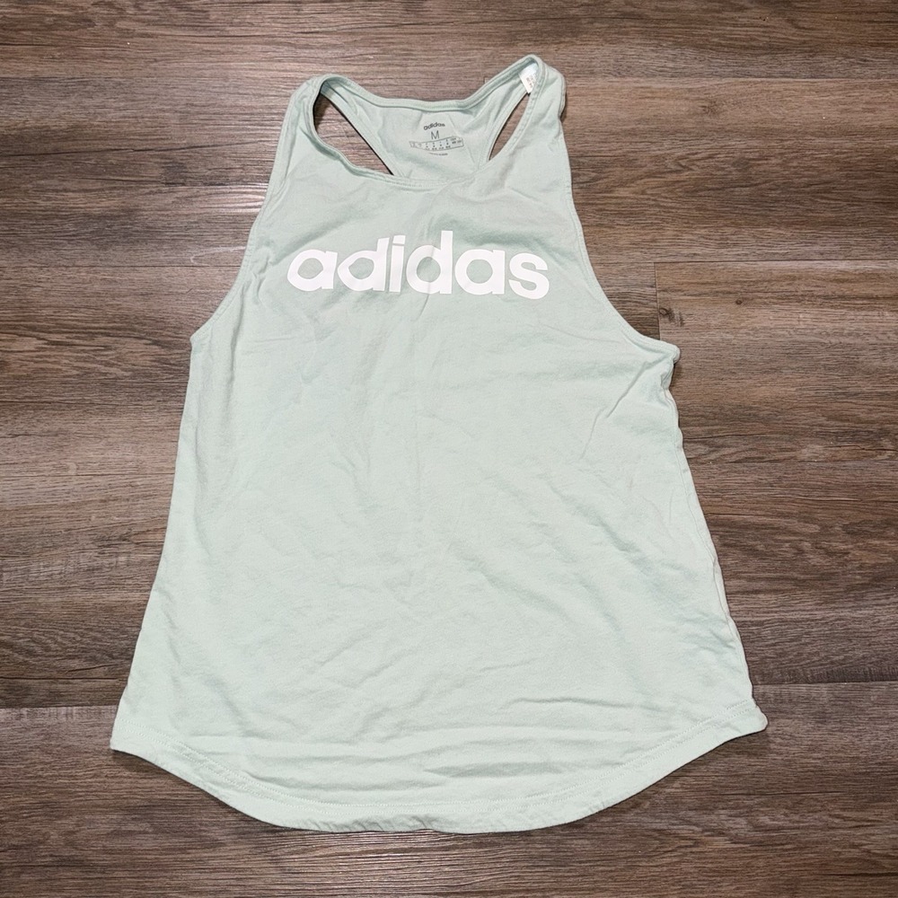 Adidas Essentials Linear Tank Top Womens M Green Tint White Logo Gym Workout